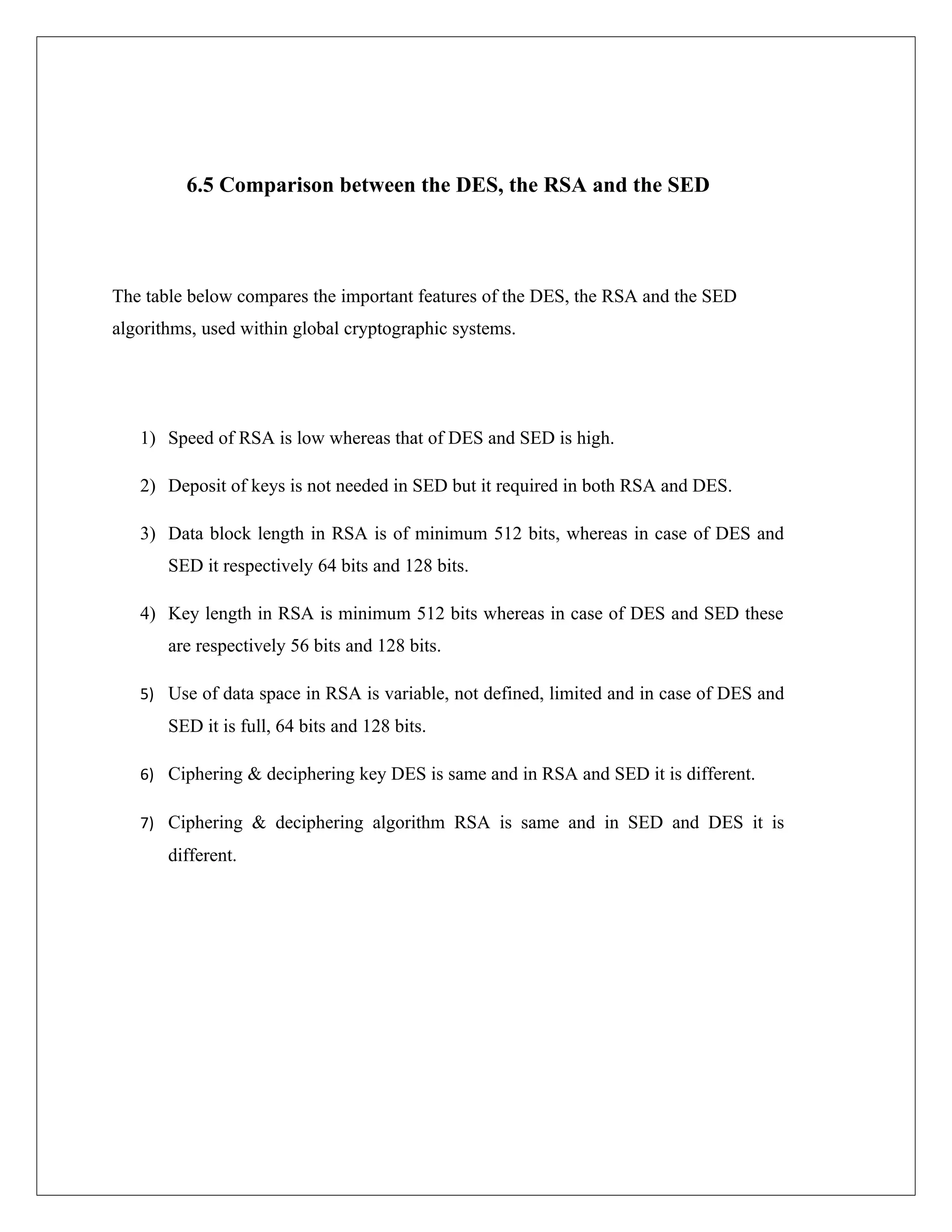 6.5 Comparison between the DES, the RSA and the SED The table below compares the important features of the DES, the RSA and the SED algorithms, used within global cryptographic systems. 1) Speed of RSA is low whereas that of DES and SED is high. 2) Deposit of keys is not needed in SED but it required in both RSA and DES. 3) Data block length in RSA is of minimum 512 bits, whereas in case of DES and SED it respectively 64 bits and 128 bits. 4) Key length in RSA is minimum 512 bits whereas in case of DES and SED these are respectively 56 bits and 128 bits. 5) Use of data space in RSA is variable, not defined, limited and in case of DES and SED it is full, 64 bits and 128 bits. 6) Ciphering & deciphering key DES is same and in RSA and SED it is different. 7) Ciphering & deciphering algorithm RSA is same and in SED and DES it is different. 