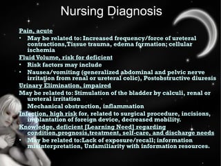 Nursing Diagnosis <ul><li>Pain, acute </li></ul><ul><li>May be related to: Increased frequency/force of ureteral contracti...
