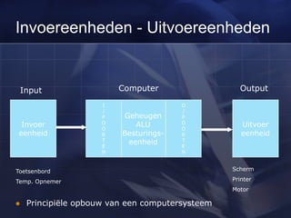 Invoereenheden - Uitvoereenheden
 Principiële opbouw van een computersysteem
Invoer
eenheid
Geheugen
ALU
Besturings-
eenheid
Uitvoer
eenheid
O
/
P
O
O
R
T
E
N
I
/
P
O
O
R
T
E
N
Input Computer Output
Toetsenbord
Temp. Opnemer
Scherm
Printer
Motor
 