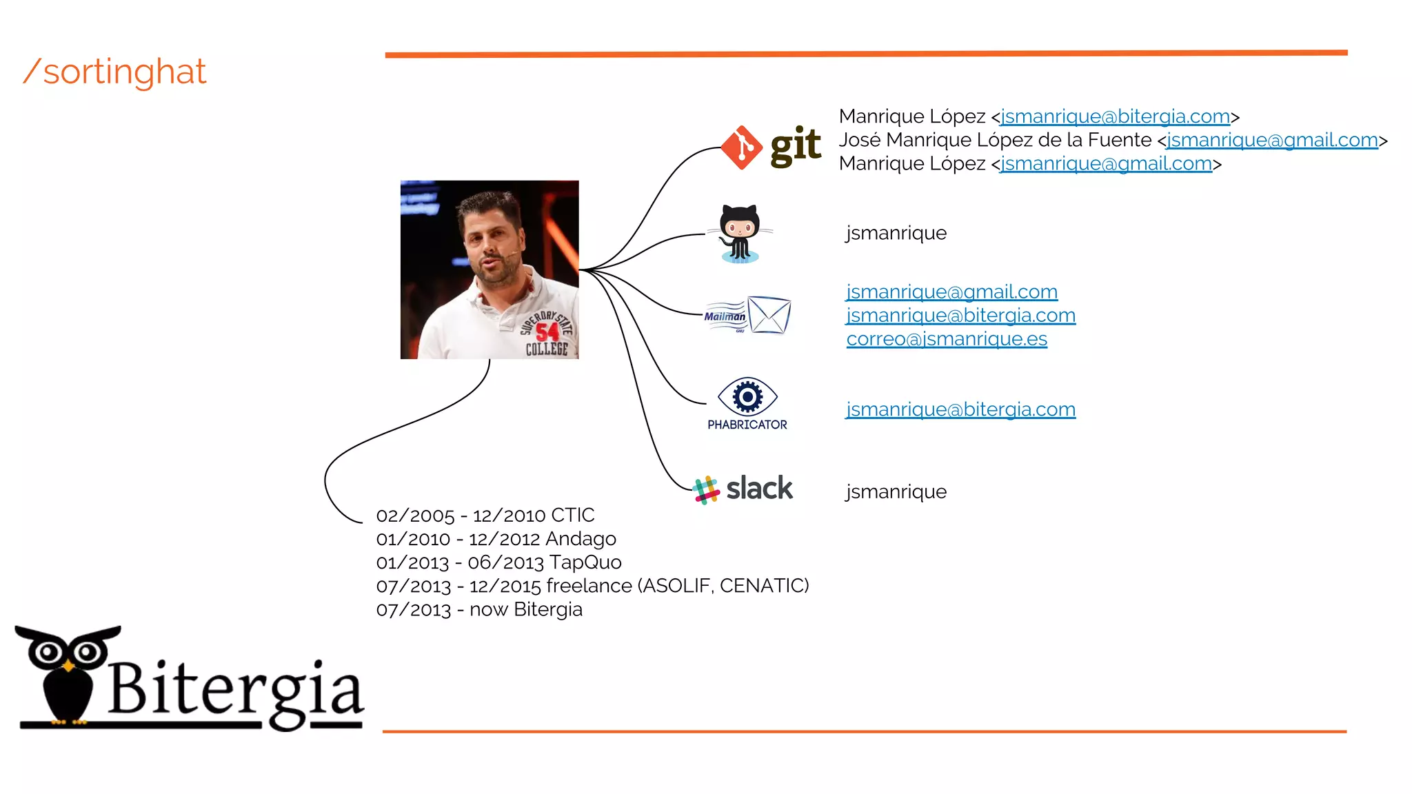 /sortinghat
Manrique López <jsmanrique@bitergia.com>
José Manrique López de la Fuente <jsmanrique@gmail.com>
Manrique López <jsmanrique@gmail.com>
jsmanrique
jsmanrique@gmail.com
jsmanrique@bitergia.com
correo@jsmanrique.es
jsmanrique
jsmanrique@bitergia.com
02/2005 - 12/2010 CTIC
01/2010 - 12/2012 Andago
01/2013 - 06/2013 TapQuo
07/2013 - 12/2015 freelance (ASOLIF, CENATIC)
07/2013 - now Bitergia
 