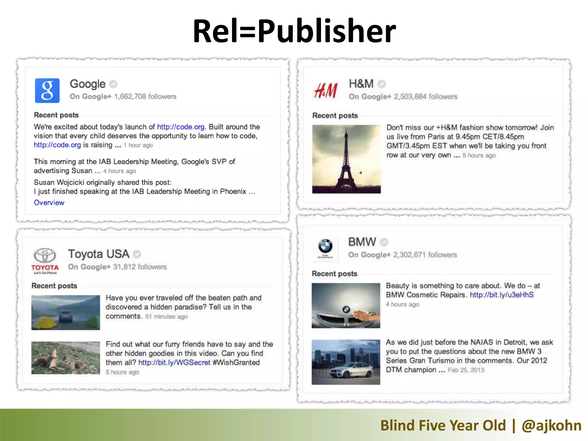 Rel=Publisher




http://bit.ly/relpublisher              Blind Five Year Old | @ajkohn
 