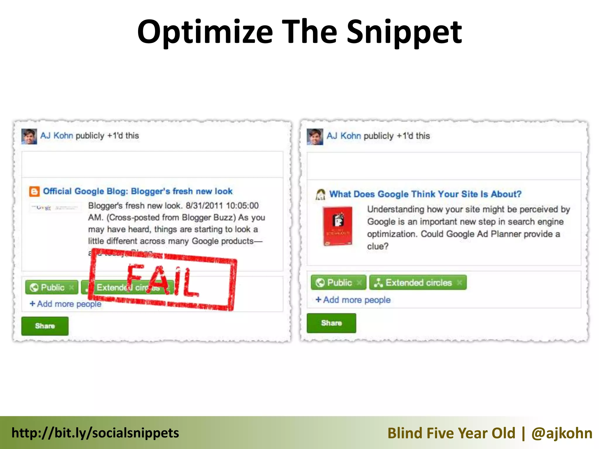Optimize The Snippet




http://bit.ly/socialsnippets       Blind Five Year Old | @ajkohn
 