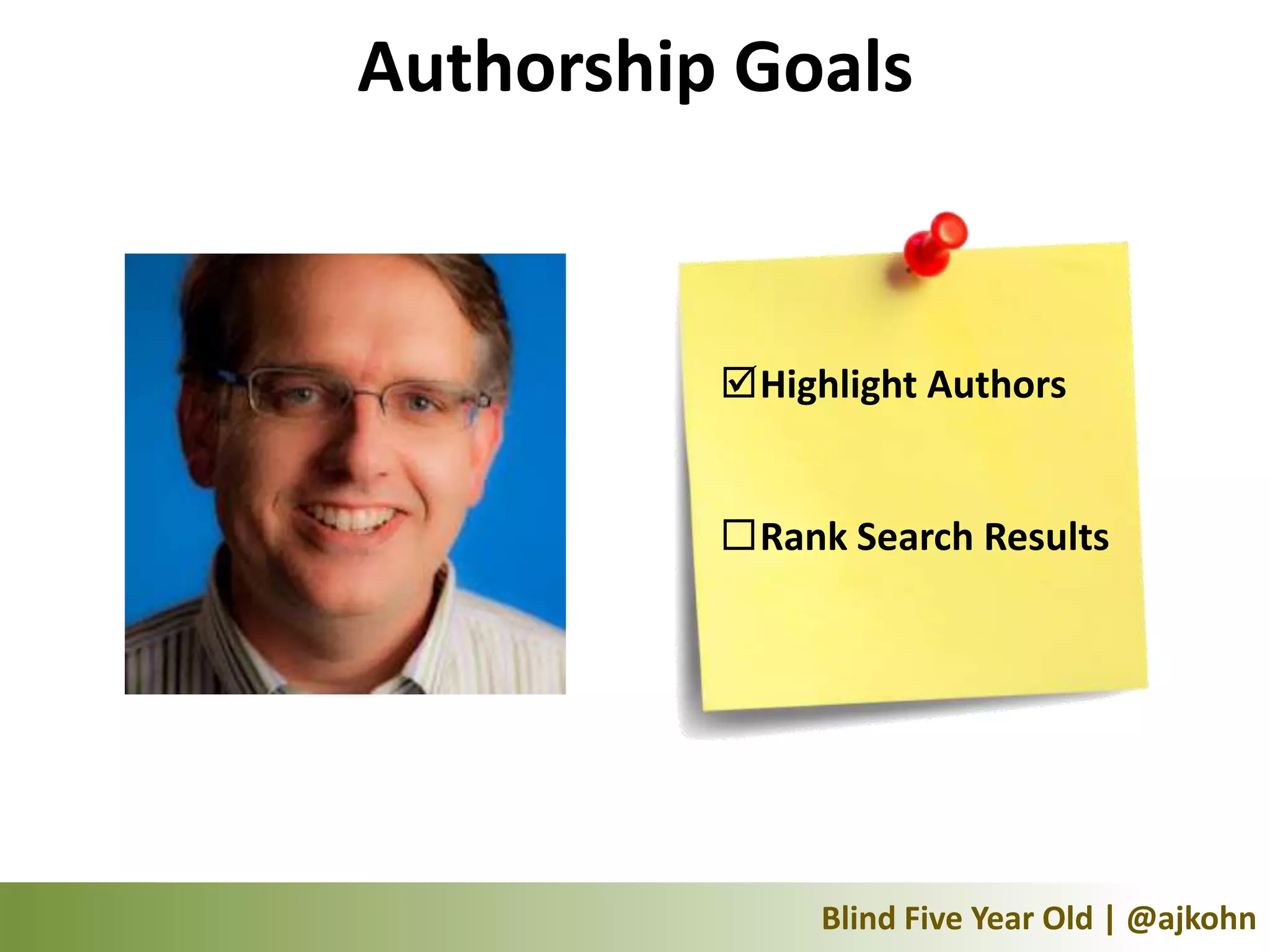 Authorship Goals


          Highlight Authors


          Rank Search Results




               Blind Five Year Old | @ajkohn
 