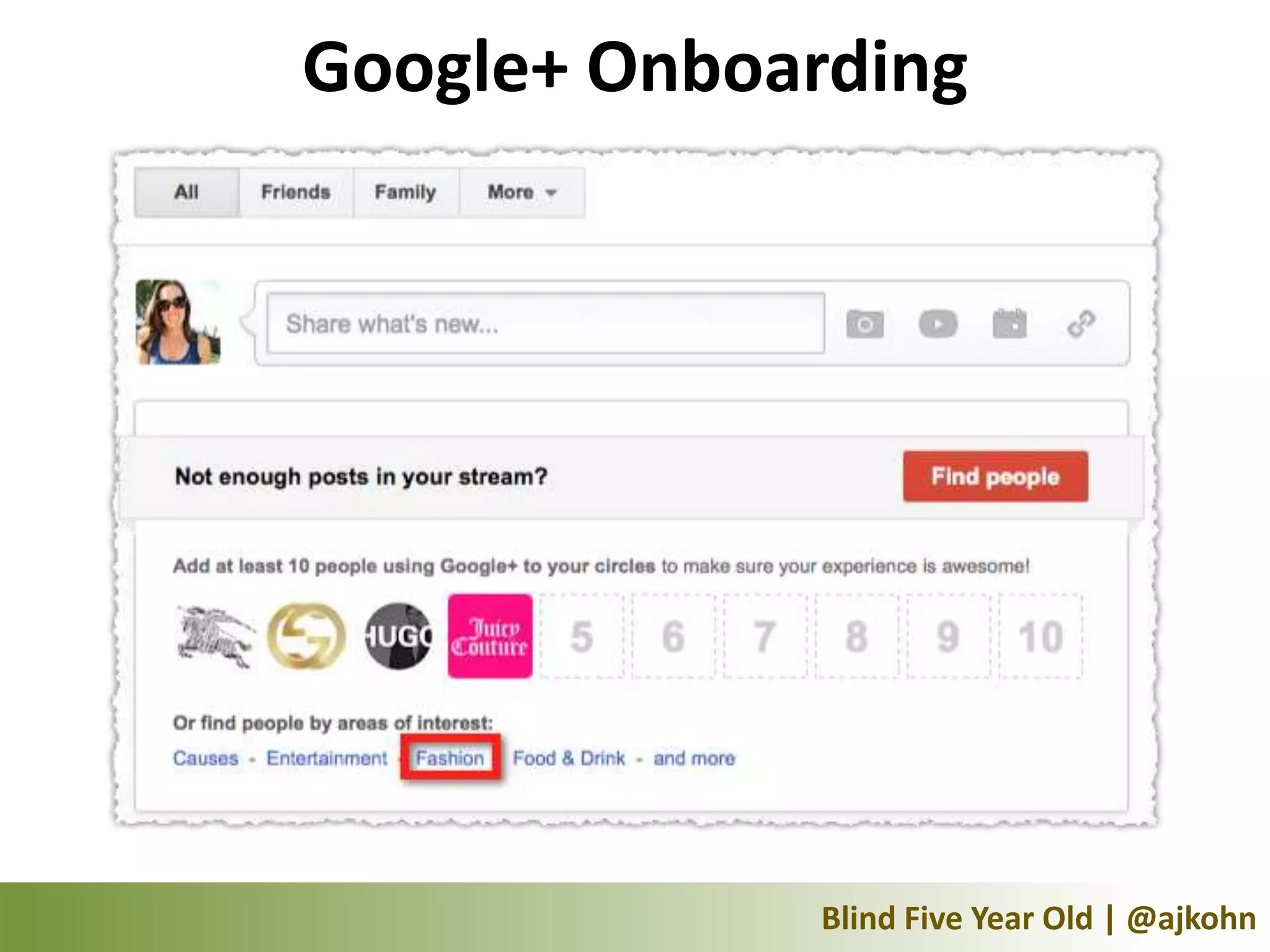 Google+ Onboarding




              Blind Five Year Old | @ajkohn
 