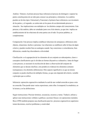 16
Análisis / Síntesis: el primer proceso hace referencia al proceso de distinguir o separar las
partes constituyentes de un todo para conocer sus principios y elementos. Los análisis
pueden ser de dos tipos: Estructural y Funcional, el primero hace referencia a un inventario
de las partes, y el segundo, se centra más en los pasos de un determinado proceso o
situación. Sus implicaciones son múltiples en los distintos campos del conocimiento. Este
proceso, el de análisis, debe ser estudiado junto con el de síntesis, ya que éste implica un
establecimiento de las relaciones de estas partes con el todo. En pocas palabras, se
complementan.
Comparación: Este proceso implica establecer relaciones de semejanza o diferencia entre
objetos, situaciones, hechos o personas. Las relaciones se establecen sobre la base de algún
criterio y pueden resultar bien en analogías cuando hay conexiones o coincidencias, bien
diferencias, cuando hay discordancia o diversidad.
Clasificación: es la agrupación de los elementos de un conjunto en subconjuntos, clases o
conceptos clasificatorios que lo dividen en formas disyuntiva o exhaustiva. Antes de llegar
a este proceso, es necesario la recolección de datos u observación del conjunto de
elementos que se desean clasificar, esto pondrá en evidencia los elementos comunes
(semejanzas) y los disímiles (diferencias). Otro aspecto significativo es que un mismo
conjunto se puede clasificar de múltiples formas, ya que esto depende del criterio, variable
o principio que se utilice.
Inferencia: operación cognoscitiva mediante la cual de una verdad conocida se pasa a otra
no conocida. Ésta puede tener varias expresiones, entre ellas: la temporal, la estadística, en
la lectura y en las definiciones.
Seguir instrucciones: Precisar términos, secuencias, recursos y metas. Traducir, utilizar y
aplicar esas instrucciones verbales o gráficas a acciones físicas o en operaciones mentales.
Ríos (1999) también propone una clasificación para los procesos cognoscitivos superiores:
tomar decisiones, resolver problemas y creatividad.
 