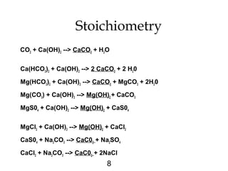 8
Stoichiometry
CO2 + Ca(OH)2 --> CaCO3 + H2O
Ca(HCO3)2 + Ca(OH)2 --> 2 CaCO3 + 2 H20
Mg(HCO3)2 + Ca(OH)2 --> CaCO3 + MgCO3 + 2H20
Mg(CO3) + Ca(OH)2 --> Mg(OH)2 + CaCO3
MgS04 + Ca(OH)2 --> Mg(OH)2 + CaS04
MgCl2 + Ca(OH)2 --> Mg(OH)2 + CaCl2
CaS04 + Na2CO3 --> CaC03 + Na2SO4
CaCl2 + Na2CO3 --> CaC03 + 2NaCl
 
