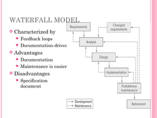 WATERFALL MODEL
 Characterized by
 Feedback loops
 Documentation-driven
 Advantages
 Documentation
 Maintenance is easier
 Disadvantages
 Specification
document
 