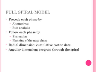 FULL SPIRAL MODEL
• Precede each phase by
– Alternatives
– Risk analysis
• Follow each phase by
– Evaluation
– Planning of the next phase
• Radial dimension: cumulative cost to date
• Angular dimension: progress through the spiral
 
