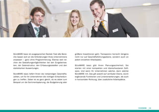 BüroWARE basic ist ausgesprochen flexibel. Fast alle Bereiche lassen sich an die Anforderungen Ihres Unternehmens
anpassen – ganz ohne Programmierung. Ebenso weit reichen die Gestaltungsmöglichkeiten bei den Eingabemasken, der Datenstruktur, den Erfassungstabellen und den
statistischen Auswertungen.
BüroWARE basic liefert Ihnen die notwendigen Geschäftszahlen, um für Ihr Unternehmen die richtigen Entscheidungen zu treffen. Dabei ist es ganz gleich, ob es dabei zum
Beispiel um die Sortimentsplanung, die Budgetierung oder

größere Investitionen geht. Transparenz herrscht übrigens
nicht nur auf Geschäftsführungsebene, sondern auch an
jedem einzelnen Arbeitsplatz.
BüroWARE basic gibt Ihnen Planungssicherheit. Sie
starten mit einer kompakten und überschaubaren Software. Und wenn Ihr Unternehmen wächst, dann wächst
BüroWARE mit. Das gilt sowohl auf vertikaler Ebene, durch
ergänzende Funktionen und Linienerweiterungen, als auch
in horizontaler Richtung, über zusätzliche Arbeitsplätze.

13

 