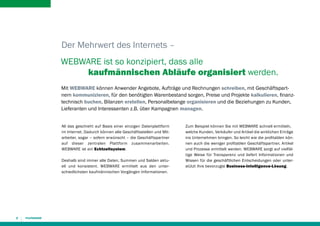 Der Mehrwert des Internets –
WEBWARE ist so konzipiert, dass alle
		kaufmännischen Abläufe organisiert werden.
Mit WEBWARE können Anwender Angebote, Aufträge und Rechnungen schreiben, mit Geschäftspartnern kommunizieren, für den benötigten Warenbestand sorgen, Preise und Projekte kalkulieren, finanztechnisch buchen, Bilanzen erstellen, Personalbelange organisieren und die Beziehungen zu Kunden,
Lieferanten und Interessenten z.B. über Kampagnen managen.
All das geschieht auf Basis einer einzigen Datenplattform
im Internet. Dadurch können alle Geschäftsstellen und Mitarbeiter, sogar – sofern erwünscht – die Geschäftspartner
auf dieser zentralen Plattform zusammenarbeiten.
WEBWARE ist ein Echtzeitsystem.
Deshalb sind immer alle Daten, Summen und Salden aktuell und konsistent. WEBWARE ermittelt aus den unterschiedlichsten kaufmännischen Vorgängen Informationen.

8

Zum Beispiel können Sie mit WEBWARE schnell ermitteln,
welche Kunden, Verkäufer und Artikel die wirklichen Erträge
ins Unternehmen bringen. So leicht wie die profitablen können auch die weniger profitablen Geschäftspartner, Artikel
und Prozesse ermittelt werden. WEBWARE sorgt auf vielfältige Weise für Transparenz und liefert Informationen und
Wissen für die geschäftlichen Entscheidungen oder unterstützt Ihre bevorzugte Business-Intelligence-Lösung.

 
