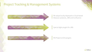 Project  Tracking  &  Management  Systems
MS  Project  and  its  plugins
Special  Agile  plugins  for  JIRA
We  adopt  locally-­‐deployed  or  cloud-­‐based  
Atlassian  products,  JIRA  and  Conﬂuence
For	
  issue	
  tracking	
  &	
  internal	
  workﬂow	
  
For	
  Ame	
  tracking	
  &	
  project	
  management	
  
For	
  long-­‐term	
  planning	
  	
  
13	
  
 