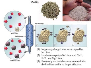 10
(1) Negatively charged sites are occupied by
Na+ ions.
(2) Hard water replaces Na+ ions with Ca+2 ,
Fe+2 , and Mg+2 ions.
(3) Eventually the resin becomes saturated with
the hard ions and is no longer effective.
Zeolite
 