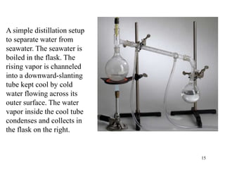15
A simple distillation setup
to separate water from
seawater. The seawater is
boiled in the flask. The
rising vapor is channeled
into a downward-slanting
tube kept cool by cold
water flowing across its
outer surface. The water
vapor inside the cool tube
condenses and collects in
the flask on the right.
 