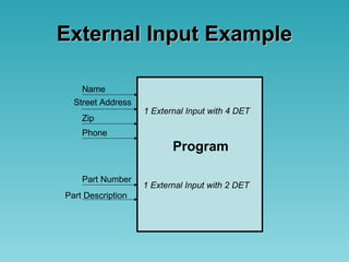 External Input ExampleExternal Input Example
Name
Street Address
Zip
Phone
Part Number
Part Description
Program
1 External Input with 4 DET
1 External Input with 2 DET
 
