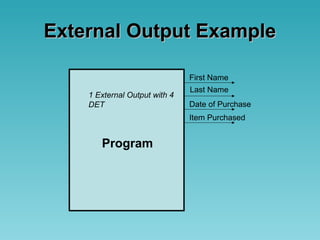 External Output ExampleExternal Output Example
Program
1 External Output with 4
DET
First Name
Last Name
Date of Purchase
Item Purchased
 