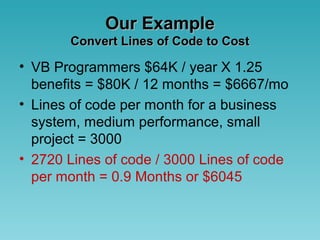 Our ExampleOur Example
Convert Lines of Code to CostConvert Lines of Code to Cost
• VB Programmers $64K / year X 1.25
benefits = $80K / 12 months = $6667/mo
• Lines of code per month for a business
system, medium performance, small
project = 3000
• 2720 Lines of code / 3000 Lines of code
per month = 0.9 Months or $6045
 