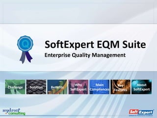 SoftExpert EQM Suite
                       Enterprise Quality Management



                                       Why        Main         Key        About
Challenge   Solution     Benefits
                                    SoftExpert Compliances   Features   SoftExpert
 