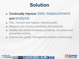 Solution
Continually improve data                                                     measurement
and analysis
Plan, conduct and register internal audits.
Measure and monitor processes and products.
Identify and control incidents, problems, corrective and
preventive actions.
Improve the quality management system continuously.




                                        Why          Main         Key        About
   Challenge   Solution   Benefits                                                      Home
                                     SoftExpert   Compliances   Features   SoftExpert
 