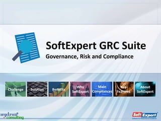SoftExpert GRC Suite
                       Governance, Risk and Compliance



                                       Why        Main         Key        About
Challenge   Solution     Benefits
                                    SoftExpert Compliances   Features   SoftExpert
 