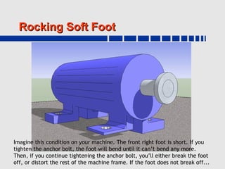 Rocking Soft Foot




Imagine this condition on your machine. The front right foot is short. If you
tighten the anchor bolt, the foot will bend until it can’t bend any more.
Then, if you continue tightening the anchor bolt, you’ll either break the foot
off, or distort the rest of the machine frame. If the foot does not break off...
 
