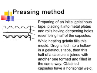 Pressing method
Preparing of an initial gelatinous
tape, placing it into metal plates
and rolls having deepening holes
resembling half of the capsules.
While heating gelatin fills this
mould. Drug is fed into a hollow
in a gelatinous tape, then this
half of a capsule is joined with
another one formed and filled in
the same way. Obtained
capsules have a horizontal weld.
 