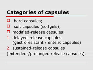 Categories of capsules
 hard capsules;
 soft capsules (softgels);
 modified-release capsules:
1. delayed-release capsules
(gastroresistant / enteric capsules)
2. sustained-release capsules
(extended-/prolonged release capsules).
 