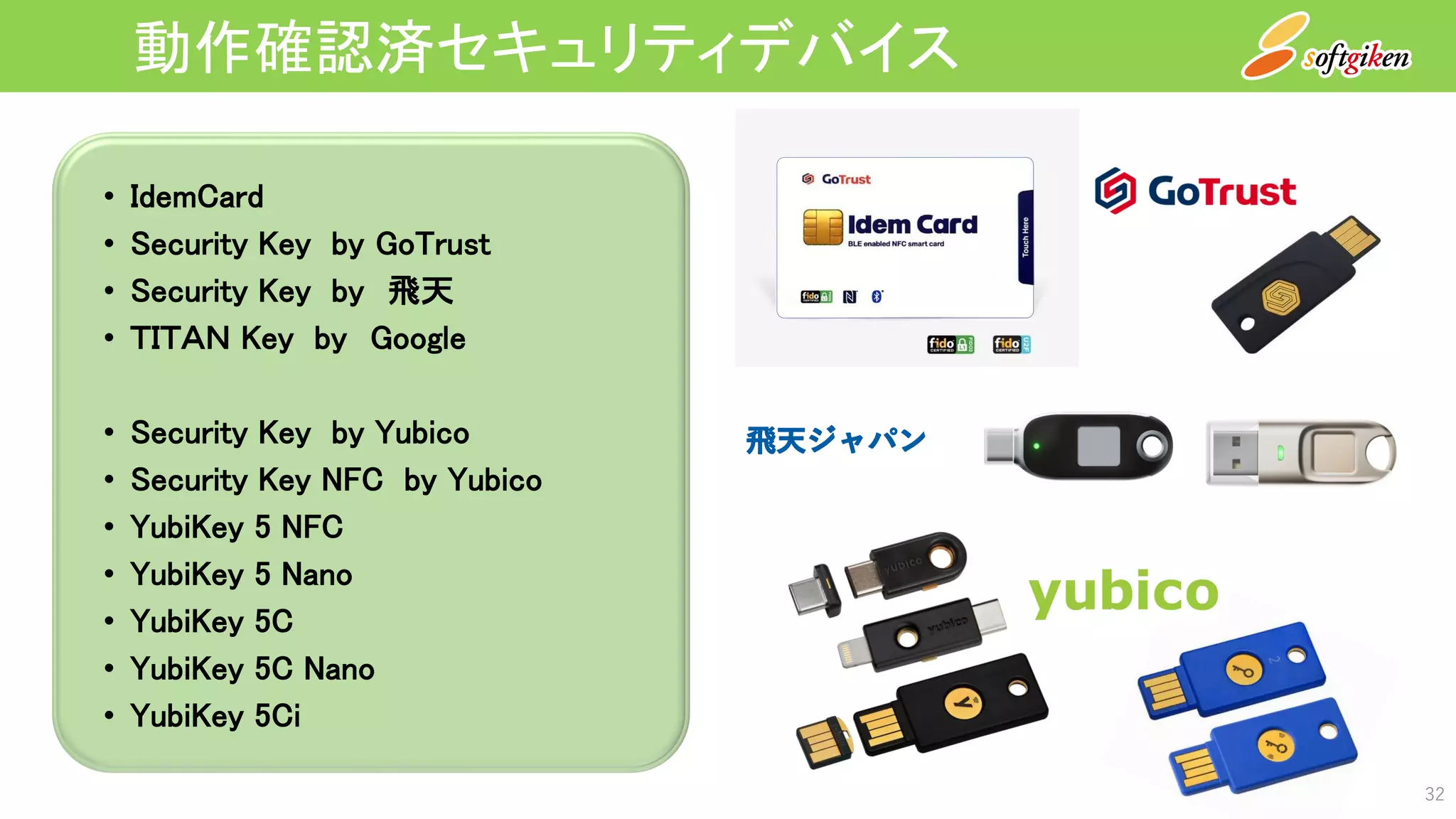 動作確認済セキュリティデバイス
• IdemCard
• Security Key by GoTrust
• Security Key by 飛天
• ＴＩＴＡＮ Key by Google
• Security Key by Yubico
• Security Key NFC by Yubico
• YubiKey 5 NFC
• YubiKey 5 Nano
• YubiKey 5C
• YubiKey 5C Nano
• YubiKey 5Ci
32
 
