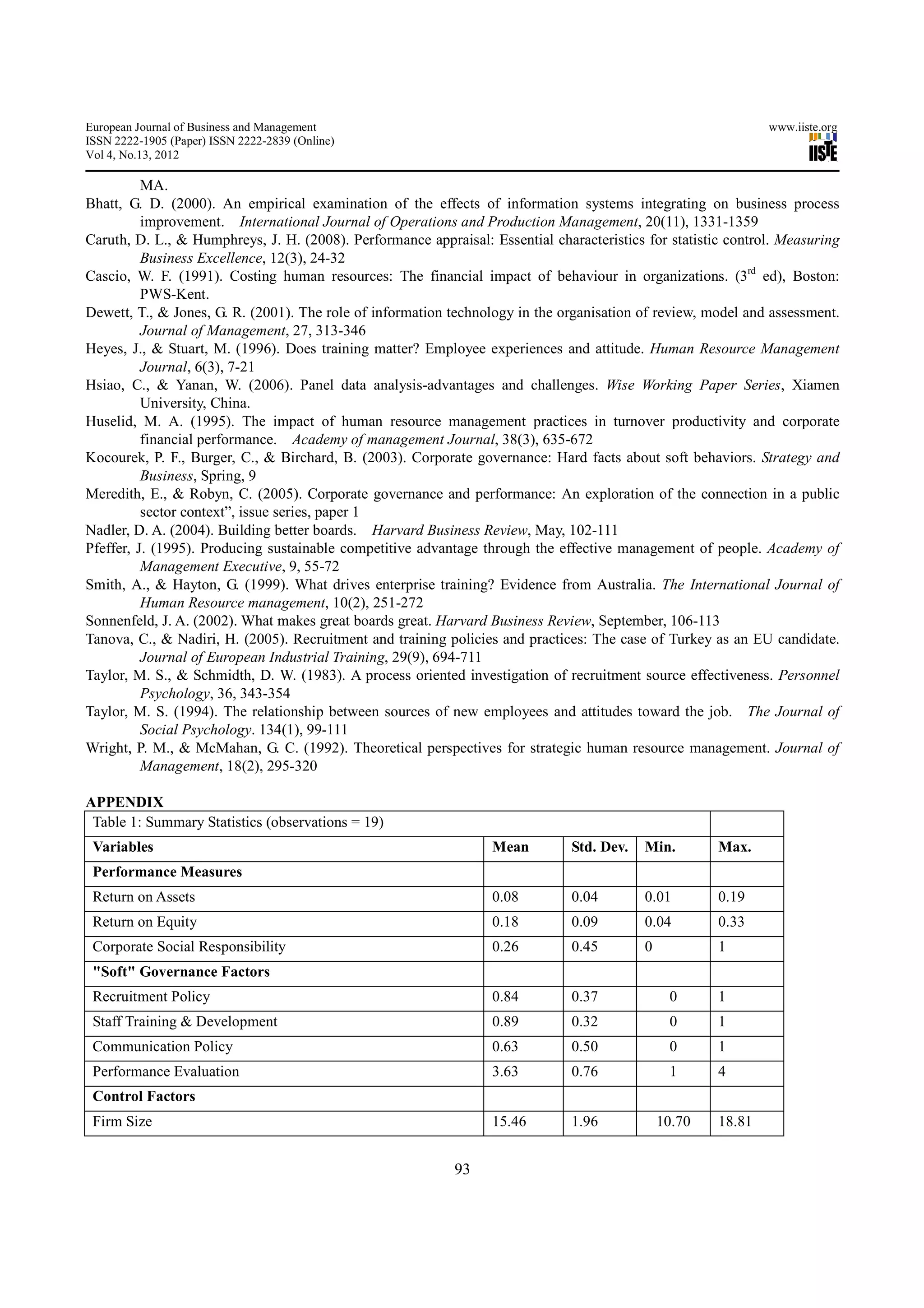 European Journal of Business and Management                                                                    www.iiste.org
ISSN 2222-1905 (Paper) ISSN 2222-2839 (Online)
Vol 4, No.13, 2012

          MA.
Bhatt, G. D. (2000). An empirical examination of the effects of information systems integrating on business process
          improvement. International Journal of Operations and Production Management, 20(11), 1331-1359
Caruth, D. L., & Humphreys, J. H. (2008). Performance appraisal: Essential characteristics for statistic control. Measuring
          Business Excellence, 12(3), 24-32
Cascio, W. F. (1991). Costing human resources: The financial impact of behaviour in organizations. (3rd ed), Boston:
          PWS-Kent.
Dewett, T., & Jones, G. R. (2001). The role of information technology in the organisation of review, model and assessment.
          Journal of Management, 27, 313-346
Heyes, J., & Stuart, M. (1996). Does training matter? Employee experiences and attitude. Human Resource Management
          Journal, 6(3), 7-21
Hsiao, C., & Yanan, W. (2006). Panel data analysis-advantages and challenges. Wise Working Paper Series, Xiamen
          University, China.
Huselid, M. A. (1995). The impact of human resource management practices in turnover productivity and corporate
          financial performance. Academy of management Journal, 38(3), 635-672
Kocourek, P. F., Burger, C., & Birchard, B. (2003). Corporate governance: Hard facts about soft behaviors. Strategy and
          Business, Spring, 9
Meredith, E., & Robyn, C. (2005). Corporate governance and performance: An exploration of the connection in a public
          sector context”, issue series, paper 1
Nadler, D. A. (2004). Building better boards. Harvard Business Review, May, 102-111
Pfeffer, J. (1995). Producing sustainable competitive advantage through the effective management of people. Academy of
          Management Executive, 9, 55-72
Smith, A., & Hayton, G. (1999). What drives enterprise training? Evidence from Australia. The International Journal of
          Human Resource management, 10(2), 251-272
Sonnenfeld, J. A. (2002). What makes great boards great. Harvard Business Review, September, 106-113
Tanova, C., & Nadiri, H. (2005). Recruitment and training policies and practices: The case of Turkey as an EU candidate.
          Journal of European Industrial Training, 29(9), 694-711
Taylor, M. S., & Schmidth, D. W. (1983). A process oriented investigation of recruitment source effectiveness. Personnel
          Psychology, 36, 343-354
Taylor, M. S. (1994). The relationship between sources of new employees and attitudes toward the job. The Journal of
          Social Psychology. 134(1), 99-111
Wright, P. M., & McMahan, G. C. (1992). Theoretical perspectives for strategic human resource management. Journal of
          Management, 18(2), 295-320

APPENDIX
 Table 1: Summary Statistics (observations = 19)
 Variables                                                        Mean         Std. Dev.   Min.        Max.
 Performance Measures
 Return on Assets                                                 0.08         0.04        0.01        0.19
 Return on Equity                                                 0.18         0.09        0.04        0.33
 Corporate Social Responsibility                                  0.26         0.45        0           1
 "Soft" Governance Factors
 Recruitment Policy                                               0.84         0.37             0      1
 Staff Training & Development                                     0.89         0.32             0      1
 Communication Policy                                             0.63         0.50             0      1
 Performance Evaluation                                           3.63         0.76             1      4
 Control Factors
 Firm Size                                                        15.46        1.96            10.70   18.81


                                                            93
 