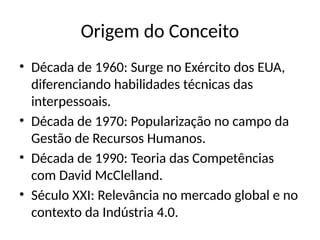 Origem do Conceito
• Década de 1960: Surge no Exército dos EUA,
diferenciando habilidades técnicas das
interpessoais.
• Década de 1970: Popularização no campo da
Gestão de Recursos Humanos.
• Década de 1990: Teoria das Competências
com David McClelland.
• Século XXI: Relevância no mercado global e no
contexto da Indústria 4.0.
 