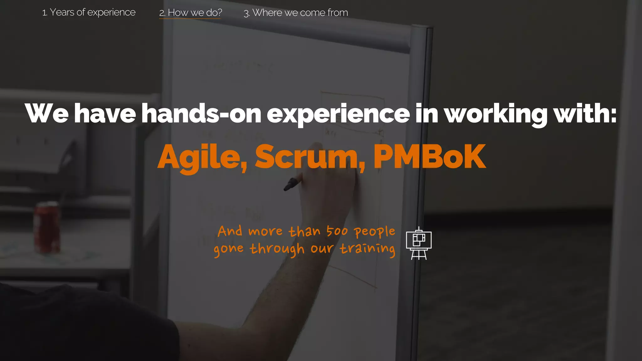 We have hands-on experience in working with:
Agile, Scrum, PMBoK
2. How we do? 3. Where we come from1. Years of experience
 
