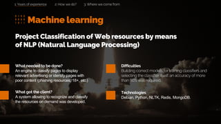 Machine learning
2. How we do? 3. Where we come from
What needed to be done?
An engine to classify pages to display
relevant advertising or identify pages with
poor content (phishing resources, 18+, etc.)
What got the client?
A system allowing to recognize and classify
the resources on demand was developed.
Project Classification of Web resources by means
of NLP (Natural Language Processing)
Difficulties
Building correct models for training classifiers and
selecting the classifier itself: an accuracy of more
than 80% was required.
Technologies
Debian, Python, NLTK, Redis, MongoDB.
1. Years of experience
 