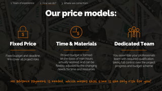 Our price models:
2. How we do?
Fixed budget and deadline.
We cover all project risks
Fixed Price
$
Time & Materials
$
Project budget is formed
on the basis of man hours
actually worked, and can be
flexibly adjusted to the changing
needs for time and resources
Dedicated Team
You assemble your professionals
team with required qualification,
taking full control over the project
progress and budget scheme
3. Where we come from1. Years of experience
 