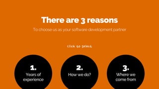 There are 3 reasons
To choose us as your software development partner
1.
Years of
experience
2.
How we do?
3.
Where we
come from
 