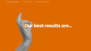 Our best results are…
1. Years of experience 2. How we do? 3. Where we come from
 