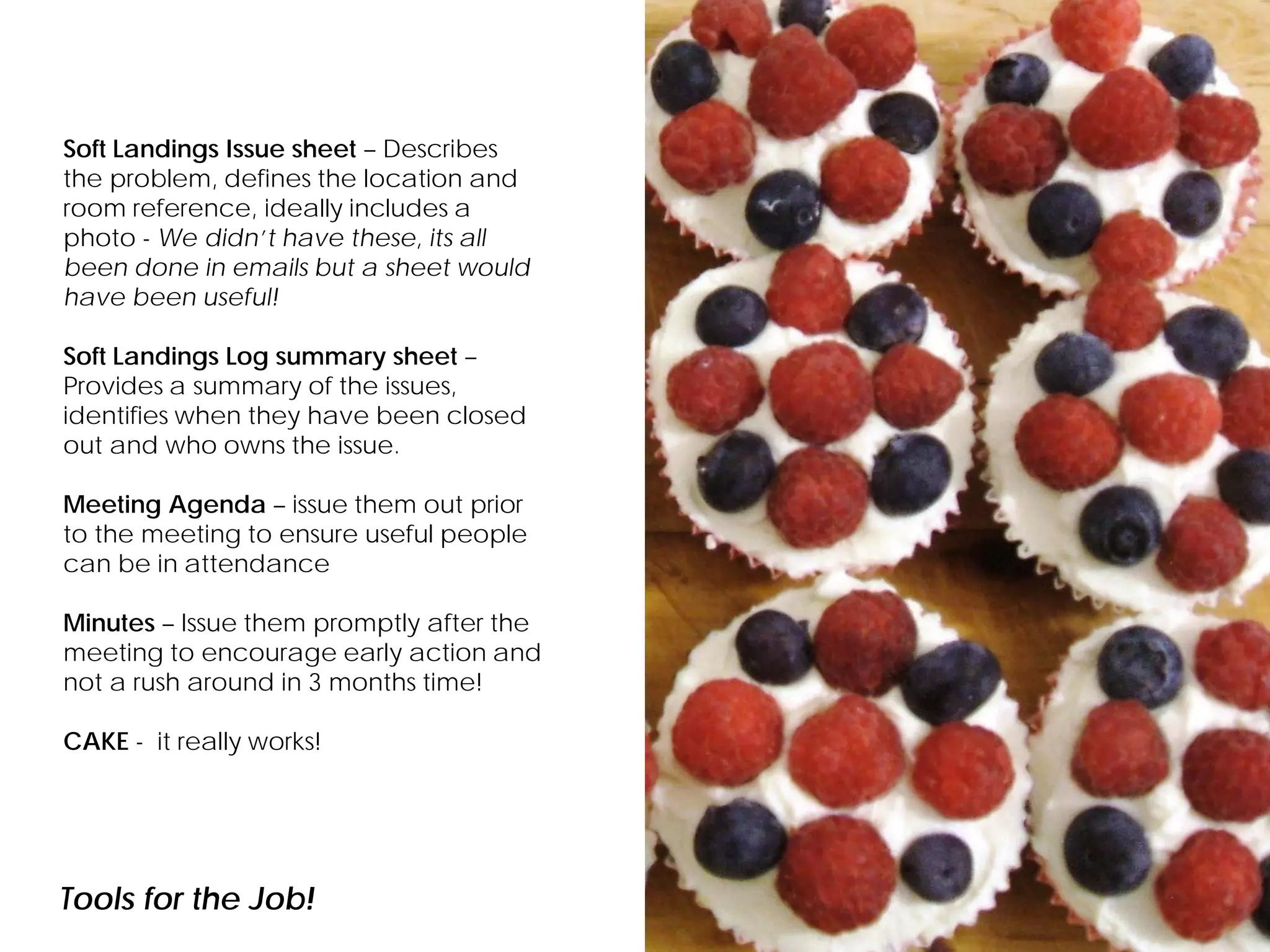 Tools for the Job!
TEC one year in
Soft Landings Issue sheet – Describes
the problem, defines the location and
room reference, ideally includes a
photo - We didn’t have these, its all
been done in emails but a sheet would
have been useful!
Soft Landings Log summary sheet –
Provides a summary of the issues,
identifies when they have been closed
out and who owns the issue.
Meeting Agenda – issue them out prior
to the meeting to ensure useful people
can be in attendance
Minutes – Issue them promptly after the
meeting to encourage early action and
not a rush around in 3 months time!
CAKE - it really works!
 