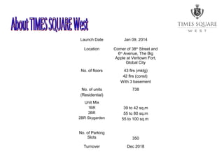 Launch Date Jan 09, 2014
Location Corner of 38th
Street and
6th
Avenue, The Big
Apple at Veritown Fort,
Global City
No. of floors 43 flrs (mktg)
42 flrs (const)
With 3 basement
No. of units
(Residential)
738
Unit Mix
1BR
2BR
2BR Skygarden
39 to 42 sq.m
55 to 80 sq.m
55 to 100 sq.m
No. of Parking
Slots 350
Turnover Dec 2018
 