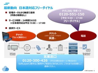© IBM Corporation 12
最新動向 日本語対応フリーダイヤル
 管理ポータルから無償で提供
（件数の制限なし）
 サービス時間：24時間365日
※日本語対応は平日 9:00 – 17:00
 提供サービス
チャット
「ちょっと聞きたい」
チケット
(USチームもサポートするので
英語で）
電話
テクニカル・サポート
0120-551-150
(平日 9:00 – 17:00
フリーダイヤル)
営業窓口
0120-300-426 （平日9時30分～17時30分）
SoftLayerに関するご質問やご相談などありましたら、こちらまでお気軽にご
連絡ください。
 