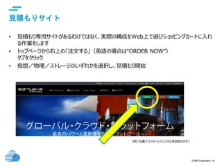 © IBM Corporation 18
text
見積もりサイト
• 見積もり専用サイトがあるわけではなく、実際の構成をWeb上で選びショッピングカートに入れ
る作業をします
• トップページから右上の「注文する」（英語の場合は“ORDER NOW”）
タブをクリック
• 仮想／物理／ストレージのいずれかを選択し、見積もり開始
（他にも購入サイトへいくリンクは多数あります）
 