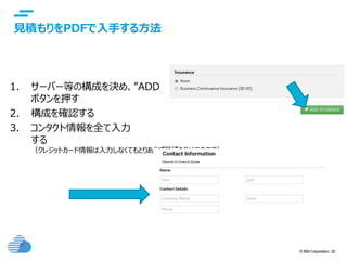 © IBM Corporation 20
text
見積もりをPDFで入手する方法
1. サーバー等の構成を決め、”ADD TO ORDER”
ボタンを押す
2. 構成を確認する
3. コンタクト情報を全て入力
する
（クレジットカード情報は入力しなくてもとりあえず見積もりはできます）
 