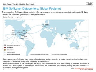 © 2015 IBM Corporation9
IBM Cloud: Think it. Build it. Tap into it.
IBM SoftLayer Datacenters: Global Footprint
Source: http://www.softlayer.com/our-platform
The expanding SoftLayer global footprint offers you access to our infrastructure choices through 18 data
centers for improved global reach and performance.
Every aspect of a SoftLayer data center—from location and accessibility to power density and redundancy—is
designed to guarantee its security, resiliency, and efficiency.
We build each center to the same spec and equip it to provide the full SoftLayer catalog of services. And each is
staffed 24x7 with experts to troubleshoot and address the rare issues that can’t be directly resolved through our
automated management system.
 