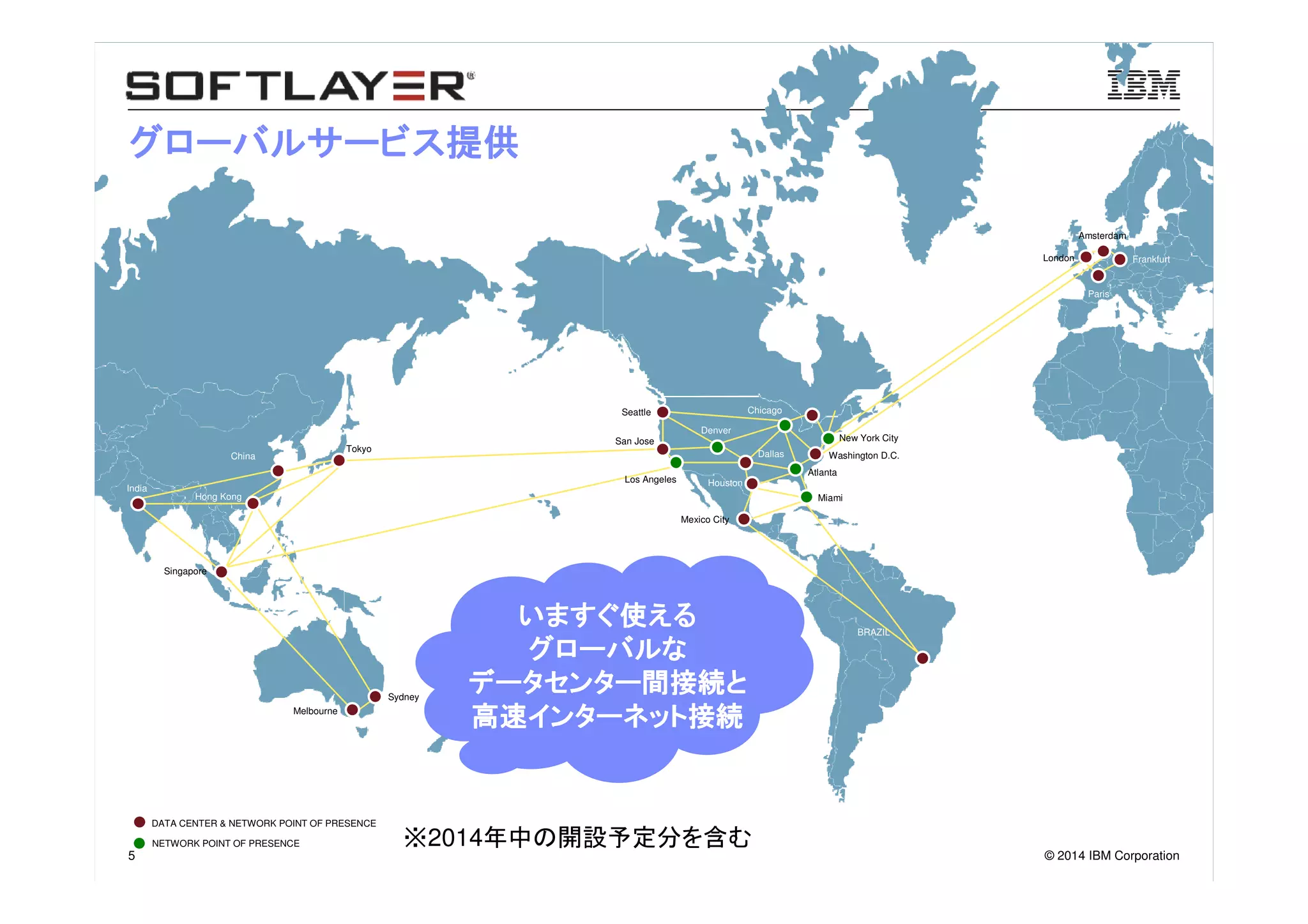 © 2014 IBM Corporation5
India
China
Tokyo
Hong Kong
Singapore
Melbourne
Seattle
San Jose
Los Angeles
Mexico City
Denver
Chicago
Dallas
Houston
BRAZIL
New York City
Washington D.C.
Miami
London Frankfurt
Amsterdam
Paris
Sydney
Atlanta
DATA CENTER & NETWORK POINT OF PRESENCE
NETWORK POINT OF PRESENCE
グローバルサービス提供グローバルサービス提供グローバルサービス提供グローバルサービス提供
※2014年中の開設予定分を含む
いますぐ使えるいますぐ使えるいますぐ使えるいますぐ使える
グローバルなグローバルなグローバルなグローバルな
データセンター間接続とデータセンター間接続とデータセンター間接続とデータセンター間接続と
高速インターネット接続高速インターネット接続高速インターネット接続高速インターネット接続
 