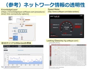 14
（参考）ネットワーク情報の透明性
各NWキャリアとのBandwidth帯域
Looking Glass(http://lg.softlayer.com/)
Speed Meter
(http://www.softlayer.com/data-centers)
KnowledgeLayer
(https://knowledgelayer.softlayer.com/procedure/
direct-link-connectivity-options)
 