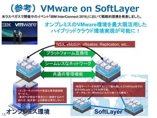 15
米ラスベガスで開催中のイベント「IBM InterConnect 2016」において戦略的提携を発表しました。
・インターネットVPNや豊富な専用線接続
サービス。
・東京POP経由で東京DCに接続するので
あれば、転送量による課金は発生しない！
・物理サーバーを利用することで慣れ親しんだVMWareをその
ままSoftLayer上でも利用可能。
・データセンター間NWはどれだけ使っても無料！
シームレスなネットワーク
共通の管理機能
プラットフォーム互換性
NSX, vMotion, vRealize, Replication, etc...
オンプレミスのVMware環境を最大限活用した
ハイブリッドクラウド環境実現が可能に！
オンプレミス環境 SoftLayer
（参考）VMware on SoftLayer
 