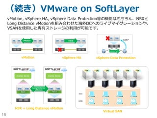 16
（続き）VMware on SoftLayer
vMotion, vSphere HA, vSphere Data Protection等の機能はもちろん、NSXと
Long Distance vMotionを組み合わせた海外DCへのライブマイグレーションや、
VSANを使用した専有ストレージの利用が可能です。
vMotion vSphere HA
vMotion 再起動
vSphere Data Protection
バックアップ
リストア
vCenter Server
Long Distance
vMotion
vCenter Server
NSX NSX
NSX + Long Distance vMotion
SSD
Virtual SAN
VM VMVMVM VM VM
HDD
 
