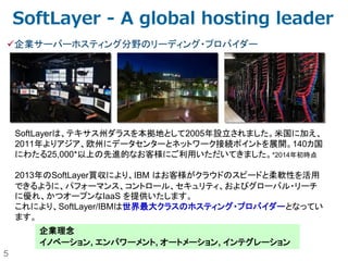 5
SoftLayer - A global hosting leader
企業サーバーホスティング分野のリーディング・プロバイダー
SoftLayerは、テキサス州ダラスを本拠地として2005年設立されました。米国に加え、
2011年よりアジア、欧州にデータセンターとネットワーク接続ポイントを展開。140カ国
にわたる25,000*以上の先進的なお客様にご利用いただいてきました。*2014年初時点
2013年のSoftLayer買収により、IBM はお客様がクラウドのスピードと柔軟性を活用
できるように、パフォーマンス、コントロール、セキュリティ、およびグローバル・リーチ
に優れ、かつオープンなIaaS を提供いたします。
これにより、SoftLayer/IBMは世界最大クラスのホスティング・プロバイダーとなってい
ます。
企業理念
イノベーション, エンパワーメント, オートメーション, インテグレーション
 