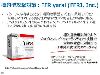 80
セキュリティ管理策の全体図
不正利用
なりすまし
不正アクセス
不正侵入
ウィルス
（検疫・駆除）
改ざん
書き換え
盗聴 情報疎漏 サービス妨
害
人
的
組
織
的
セキュリティ
般
情報セキュリティポリシー（リスク分析・セキュリティ基本方針・対策基準・実施手順）
対策ベンチマーク/情報セキュリティマネジメントシステム（ISMS)の導入/情報漏洩防止強化対策
セキュリティ診断/侵入テスト/監査（内部・外部）/教育
技
術
的
ネットワー
セキュリティ
侵入検知システム(IDS)/侵入防止システム（IPS) 通信暗号化
(IPSec/IP-VPN)
DoS/DDoS
対応（フィ
ルタリン
グ）
ファイアウォール（パケット・フィルタリング）
デジタル署名 アクセス制御/デバイス認証 無線LAN（認証・暗号
化）
Fake AP
サーバー・セ
キュリティ
ユーザ認証 アクセス制御/権限管理 バックアッ
プ
負荷分散
OS Firewall
セキュリティ・パッチ（適用・逐次更新）・セキュアーなWeb開発 ログ管理 メール・
MSGスキャ
ン
DoS/DDoS
対応（NDS、
パケット制
限）
Trusted OS/Secure OS ウィルス駆除 改ざん検知・
防止
DBMS暗号
化・ファイ
ル暗号化
物
理
的
環
境
的
セキュアな環
境・施設・オ
フィス
セキュア・ゾーニング、セキュア・オフィス・施設・設備・什器
（入退出管理、監視カメラ、バイオメトリクス認証/盗難・紛失防止備品）
http://www.ipa.go.jp/security/manager/protect/pdca/risk.htmlよりクライアント・セキュリティ部分を削除して一部改変
 