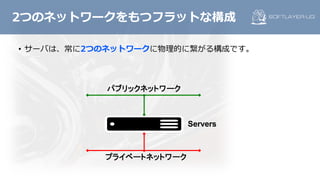 • サーバは、常に2つのネットワークに物理的に繋がる構成です。
2つのネットワークをもつフラットな構成
Servers
パブリックネットワーク
プライベートネットワーク
 