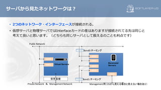 • 2つのネットワーク・インターフェースが接続される。
• 仮想サーバと物理サーバではInterfaceカードの差はありますが接続されてる先は同じと
考えて良いと思います。（どちらも同じサーバとして扱えるのことも利点です）
サーバから⾒たネットワークは？
eth0
eth1
eth0
eth1
Bond0:チーミング
Public	Network
Private	Network ＆ Management	Network
仮想基盤
eth2
eth3
Bond1:チーミング
eth4
Management用（OSから見える場合と見えない場合あり）
Virtual Servers
Baremetal
Servers
 