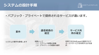 • パブリック・プライベートで提供されるサービスが違います。
システムの設計⼿順
要件
通信経路の
確定
サービス利
用の確定
利⽤できるSoftLayerの提供するマ
ネージドサービスを利⽤するかを選
択
経路として
（１）パブリック経路の有無
（２）プライベートの経路の選択
システムの要件を整理します
 