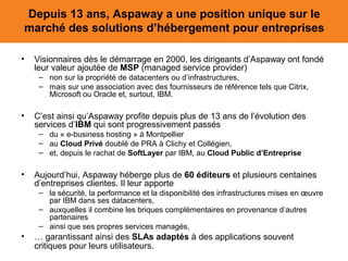 Depuis 13 ans, Aspaway a une position unique sur le
marché des solutions d’hébergement pour entreprises
•

Visionnaires dès le démarrage en 2000, les dirigeants d’Aspaway ont fondé
leur valeur ajoutée de MSP (managed service provider)
– non sur la propriété de datacenters ou d’infrastructures,
– mais sur une association avec des fournisseurs de référence tels que Citrix,
Microsoft ou Oracle et, surtout, IBM.

•

C’est ainsi qu’Aspaway profite depuis plus de 13 ans de l’évolution des
services d’IBM qui sont progressivement passés
– du « e-business hosting » à Montpellier
– au Cloud Privé doublé de PRA à Clichy et Collégien,
– et, depuis le rachat de SoftLayer par IBM, au Cloud Public d’Entreprise

•

Aujourd’hui, Aspaway héberge plus de 60 éditeurs et plusieurs centaines
d’entreprises clientes. Il leur apporte
– la sécurité, la performance et la disponibilité des infrastructures mises en œuvre
par IBM dans ses datacenters,
– auxquelles il combine les briques complémentaires en provenance d’autres
partenaires
– ainsi que ses propres services managés,

•

… garantissant ainsi des SLAs adaptés à des applications souvent
critiques pour leurs utilisateurs.

 
